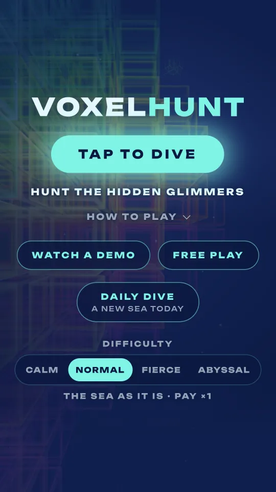 The VoxelHunt title screen: dive, watch a demo, free play, the daily dive and four difficulties