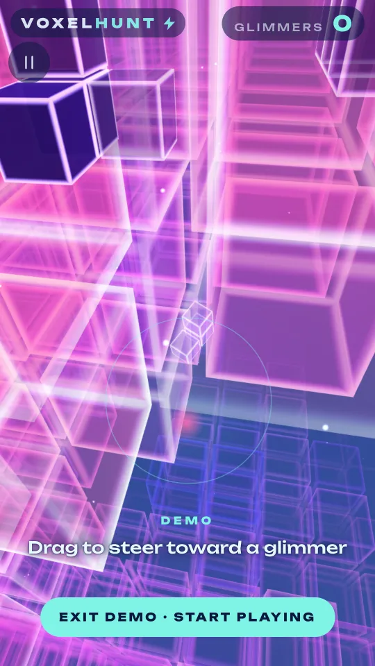 Steering through pink and violet glass blocks toward a hidden glimmer