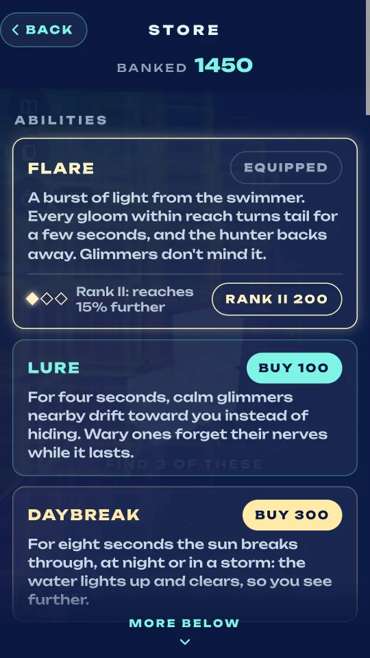 The store, where banked glimmers buy and rank up abilities such as Flare, Lure and Daybreak