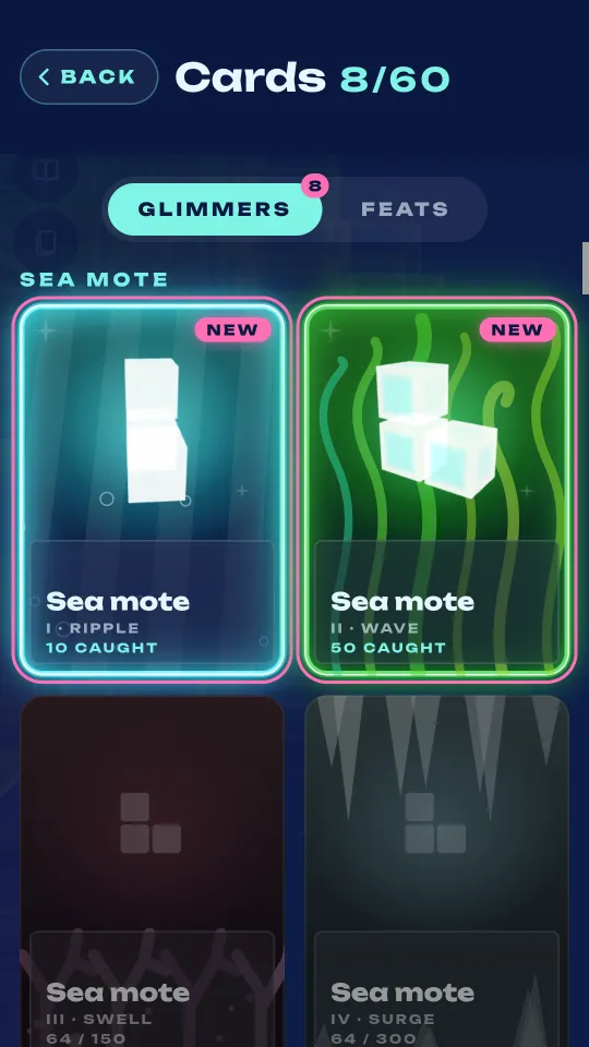 Glimmer cards, earned by catching ten, then fifty, of a kind